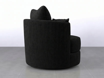 Black jumbo cord fabric swivel corner sofa chair with cushioned seat and armrests, designed for comfortable seating.
