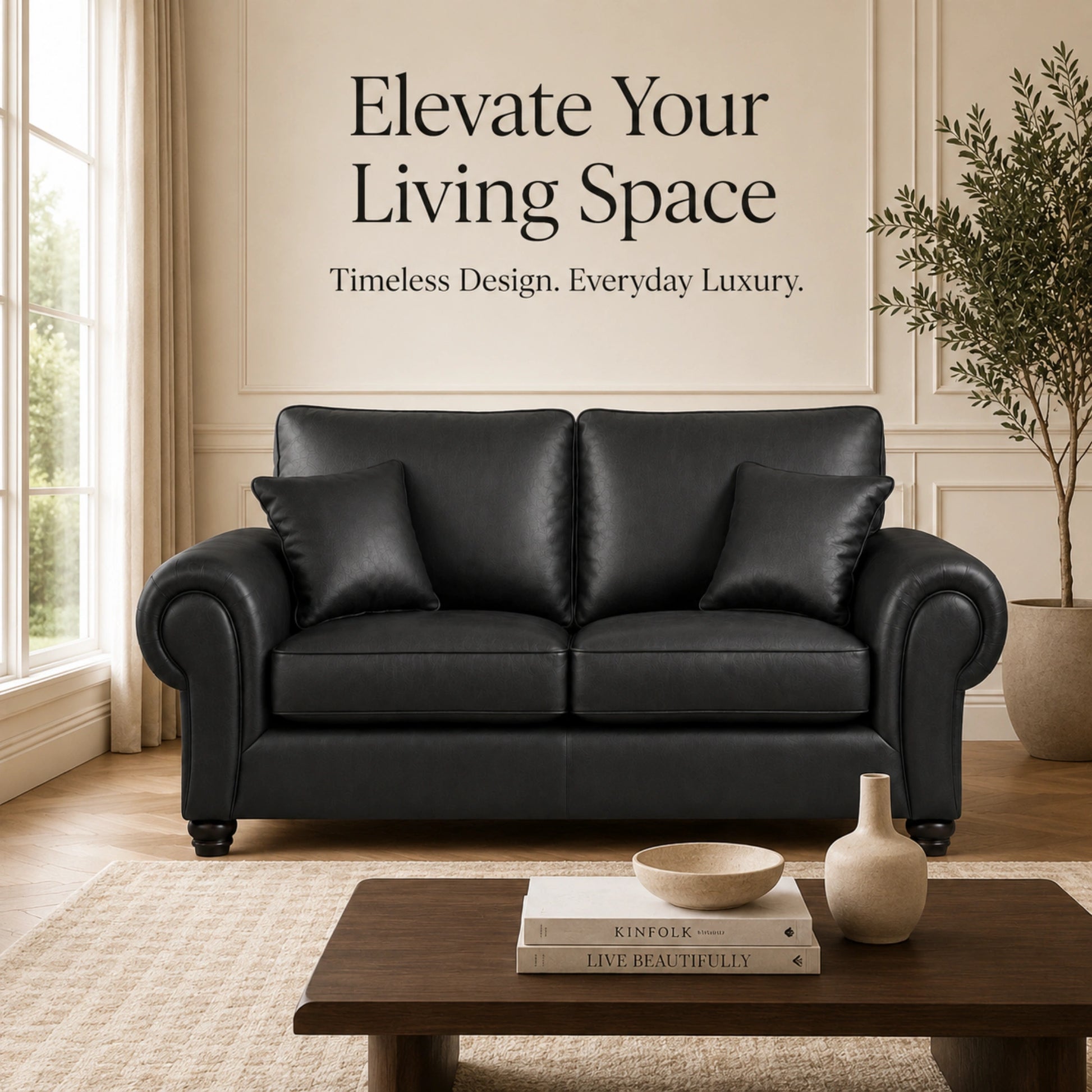 Black Wilcot full back leather sofa from Gamzo Outlet, 2-seater design with plush cushions and sleek modern style.