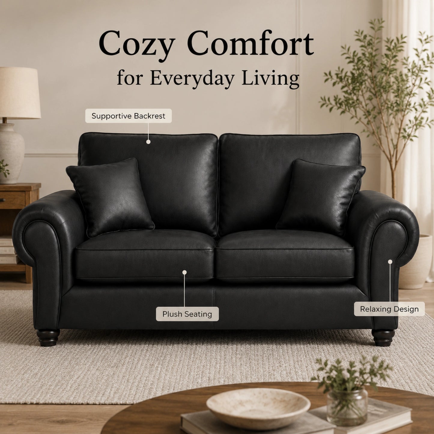 Black Wilcot full back leather 2-seater sofa by Gamzo Outlet, showcasing its sleek design and plush leather upholstery.