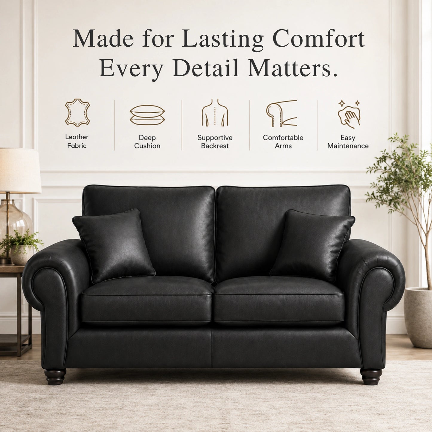 Black Wilcot full back leather sofa by Gamzo Outlet, 2-seater with plush cushioning and sleek design for modern living rooms.