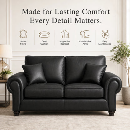 Black Wilcot full back leather sofa by Gamzo Outlet, 2-seater with plush cushioning and sleek design for modern living rooms.