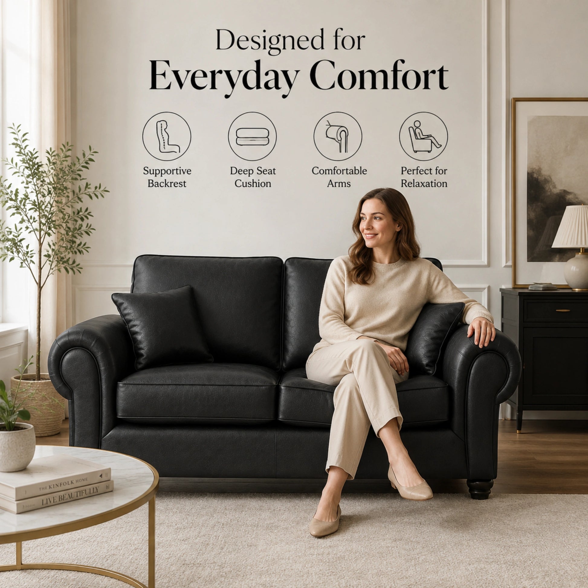 Black Wilcot full back leather sofa by Gamzo Outlet, 2-seater with plush cushions and sleek design.