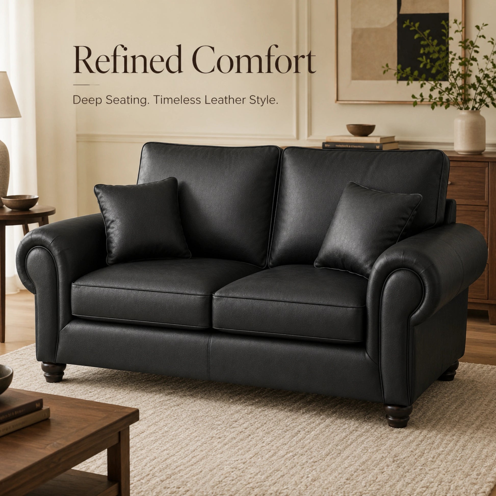Black leather 2-seater sofa from Gamzo Outlet with a full back design, showcasing a modern and comfortable living room piece.