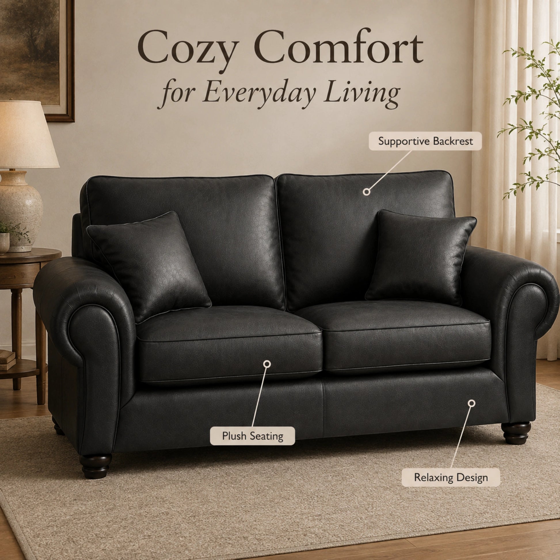 Black full back leather sofa, three-seater from Gamzo Outlet, showcasing plush cushions and sleek modern design.