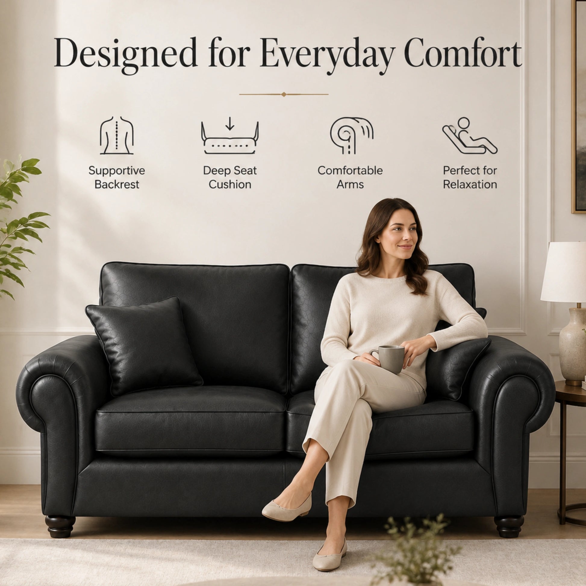 Black full back leather sofa, three-seater by Gamzo Outlet, showcasing plush cushions and sleek design.