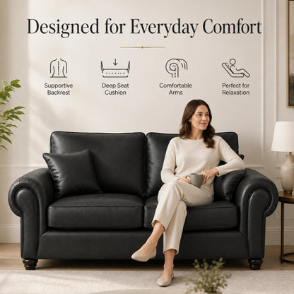 Black full back leather sofa, three-seater by Gamzo Outlet, showcasing plush cushions and sleek design.