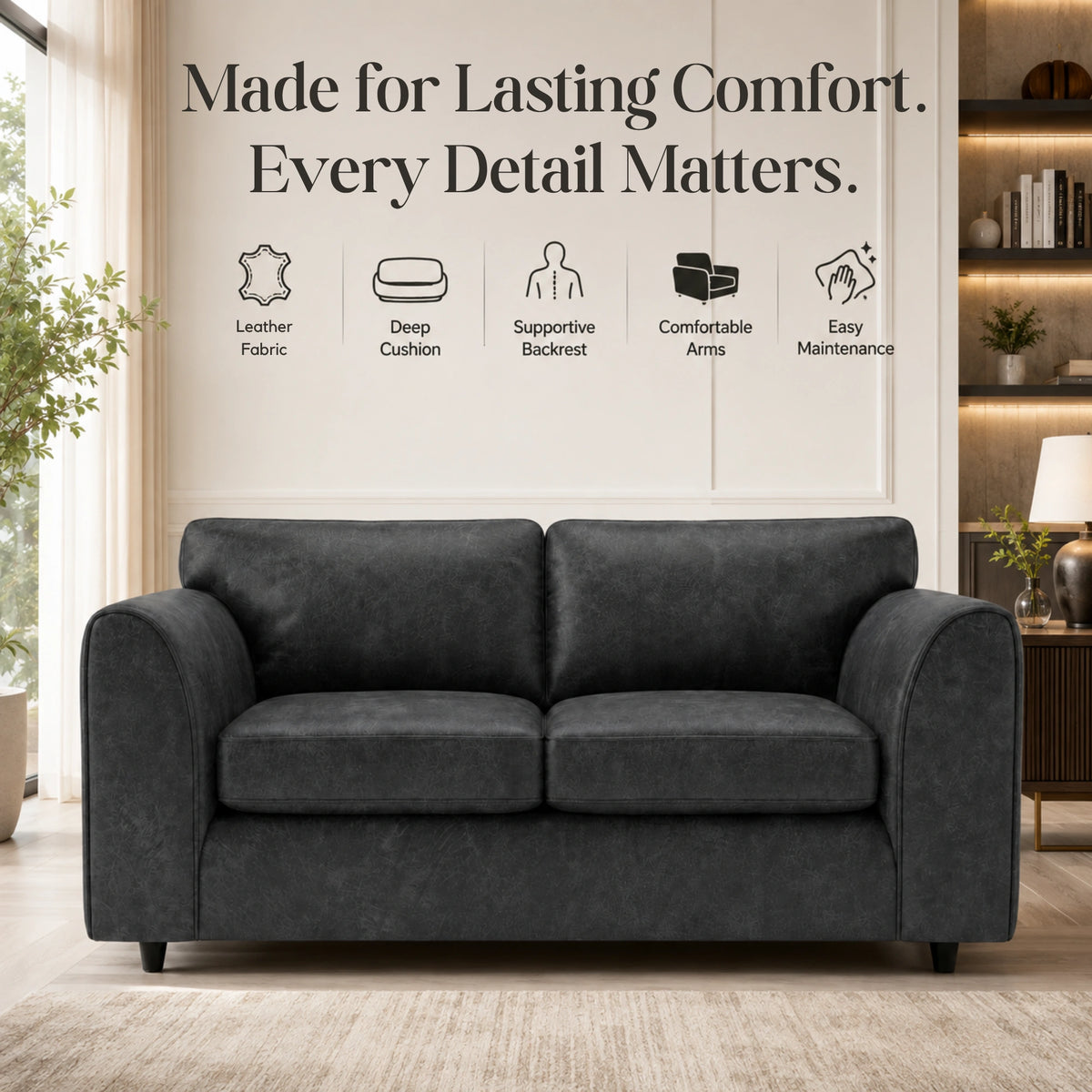 Black Dillon full back leather sofa by Gamzo Outlet, 3-seater with plush cushions and sleek modern design.