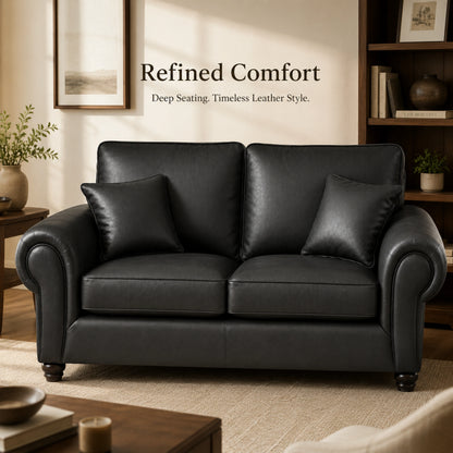 Black 3-seater Wilcot leather sofa by Gamzo Outlet, showcasing its full back design and plush seating in a modern living room.