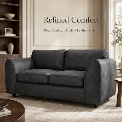 Black Dillon full back leather sofa in a spacious 3-seater with plush cushions from Gamzo Outlet.