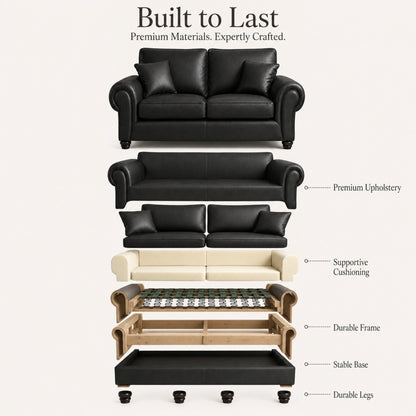Black Wilcot full back leather sofa by Gamzo Outlet, 3-seater with plush cushions and sleek design for modern living rooms.