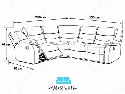 Black Model R Recliner Corner Sofa by Gamzo Outlet, showcasing plush cushions and spacious design in a modern living room setting.