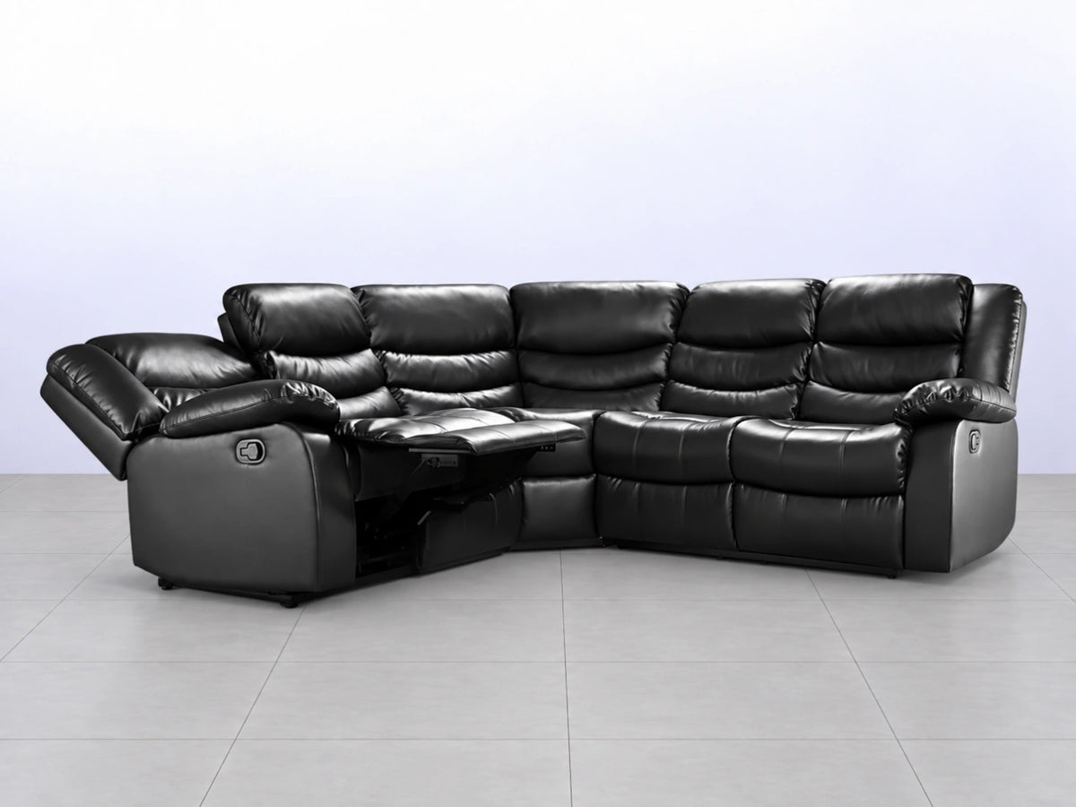Black Model R Recliner Corner Sofa by Gamzo Outlet showing plush fabric and spacious seating in a modern living room setting.