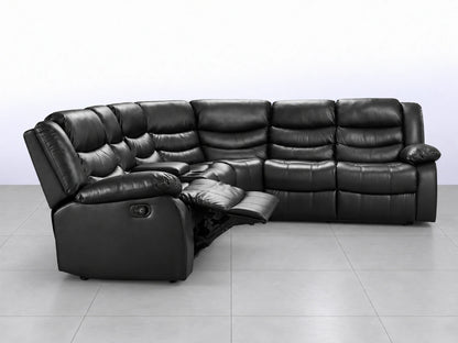 Black Model R Recliner Corner Sofa by Gamzo Outlet, showcasing plush cushions and modern design in a cozy living room setting.