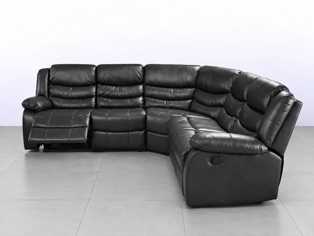 Black Model R Recliner Corner Sofa by Gamzo Outlet, showing plush fabric upholstery and spacious seating in a modern living room setting.
