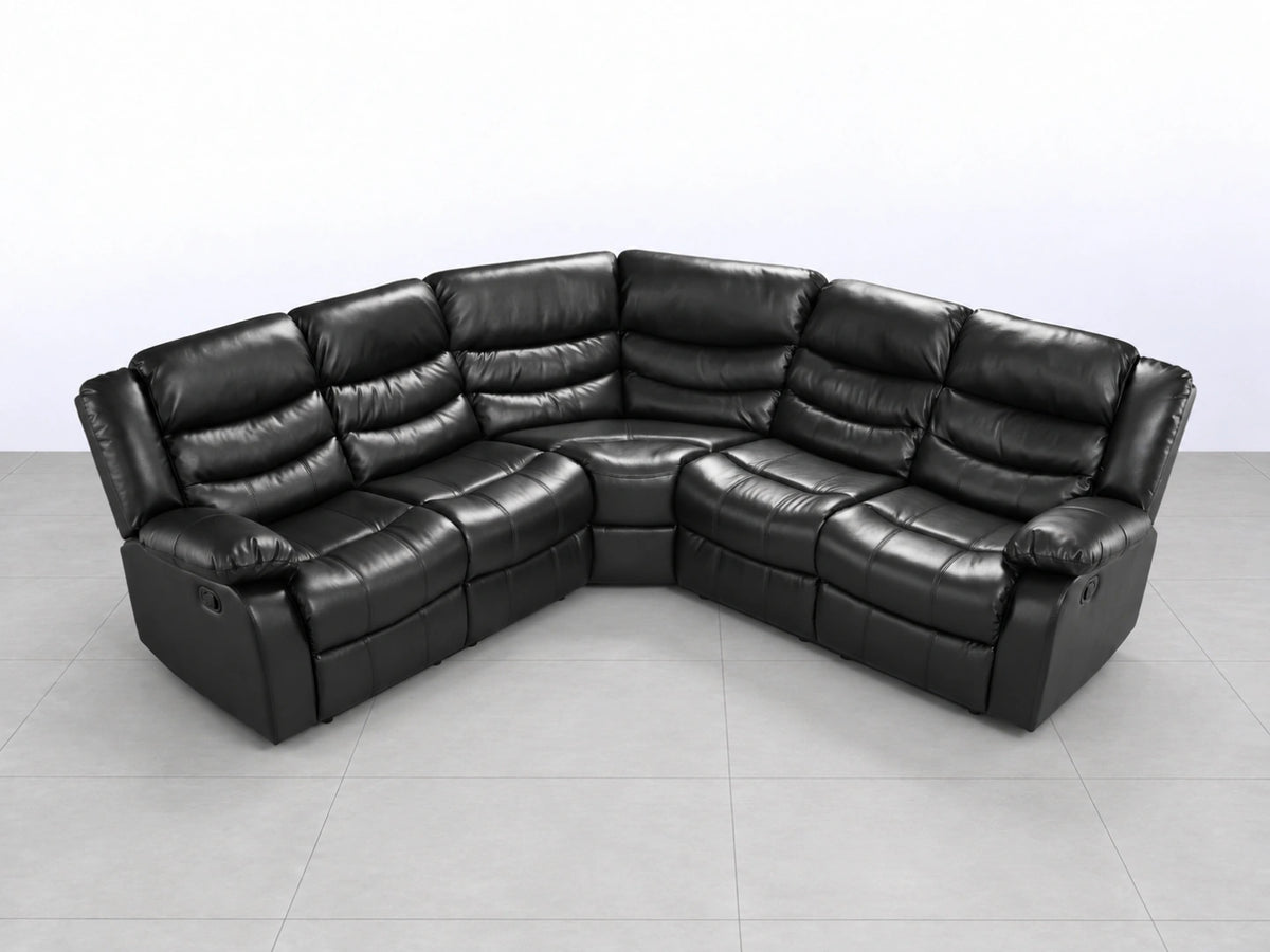 Black Model R Recliner Corner Sofa by Gamzo Outlet, showcasing plush cushions and modern design in a spacious living room setting.
