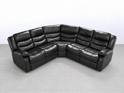 Black Model R Recliner Corner Sofa by Gamzo Outlet, showcasing plush cushions and modern design in a spacious living room setting.
