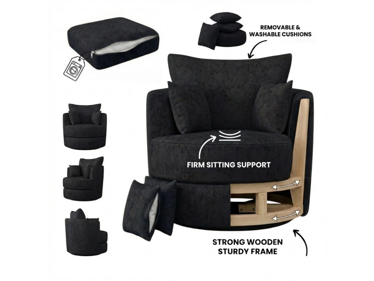 Black Gamzo Outlet Alaska Fabric Swivel Chair with cushioned seat and backrest, featuring a sleek modern design.