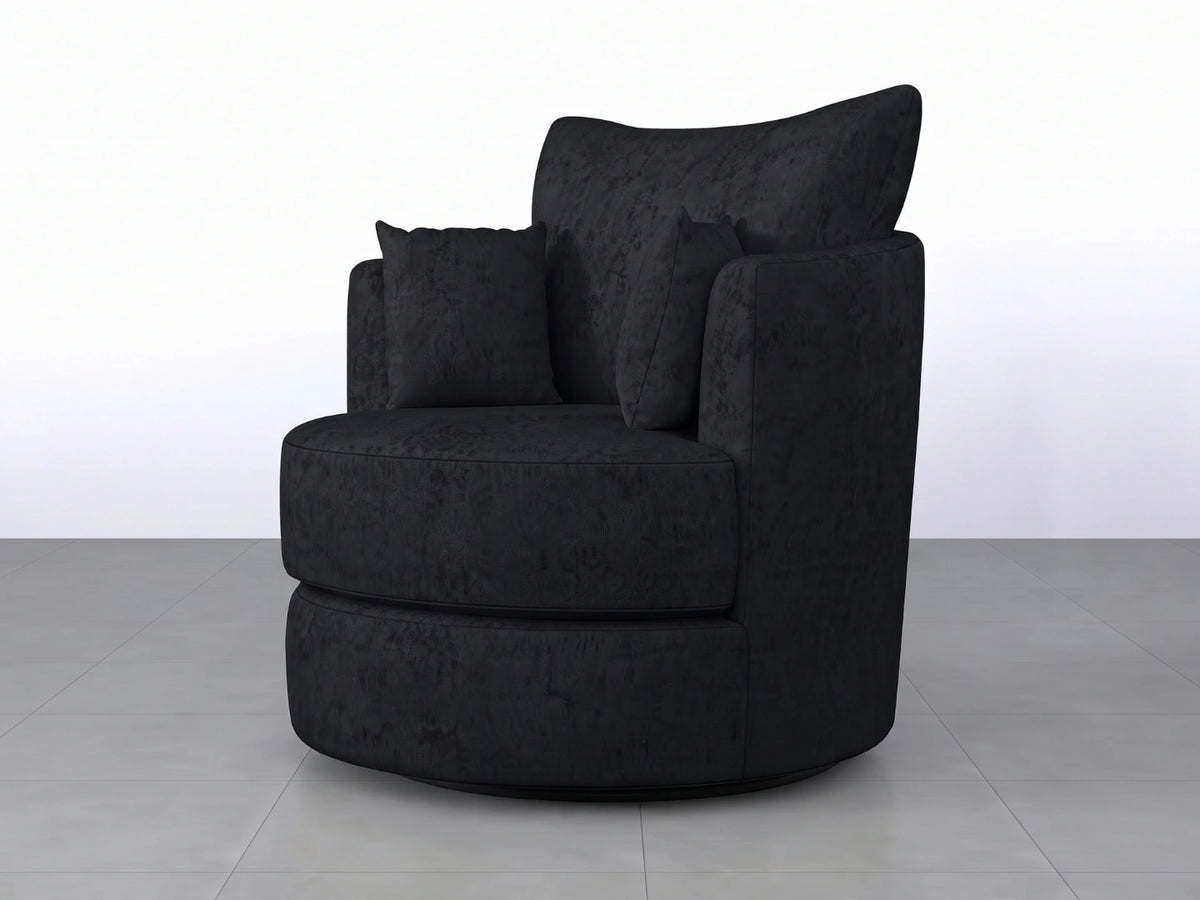 Black Alaska Fabric Swivel Chair by Gamzo Outlet showing a comfortable, modern design with a swivel base and plush upholstery.