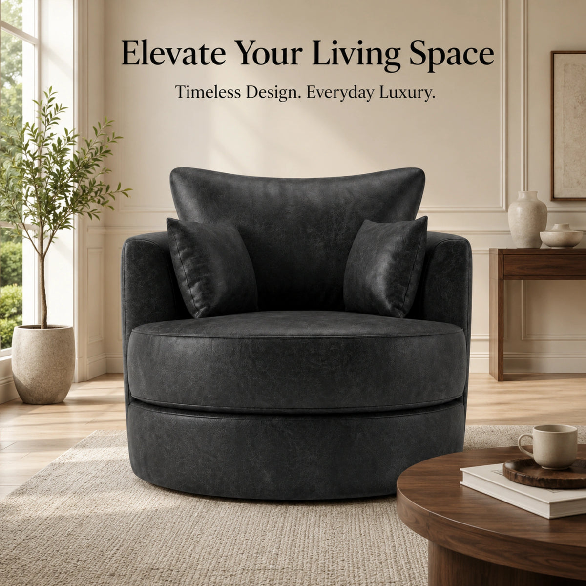 Black Dillon leather swivel chair by Gamzo Outlet, showcasing a modern sofa with a smooth swivel base and sleek design.