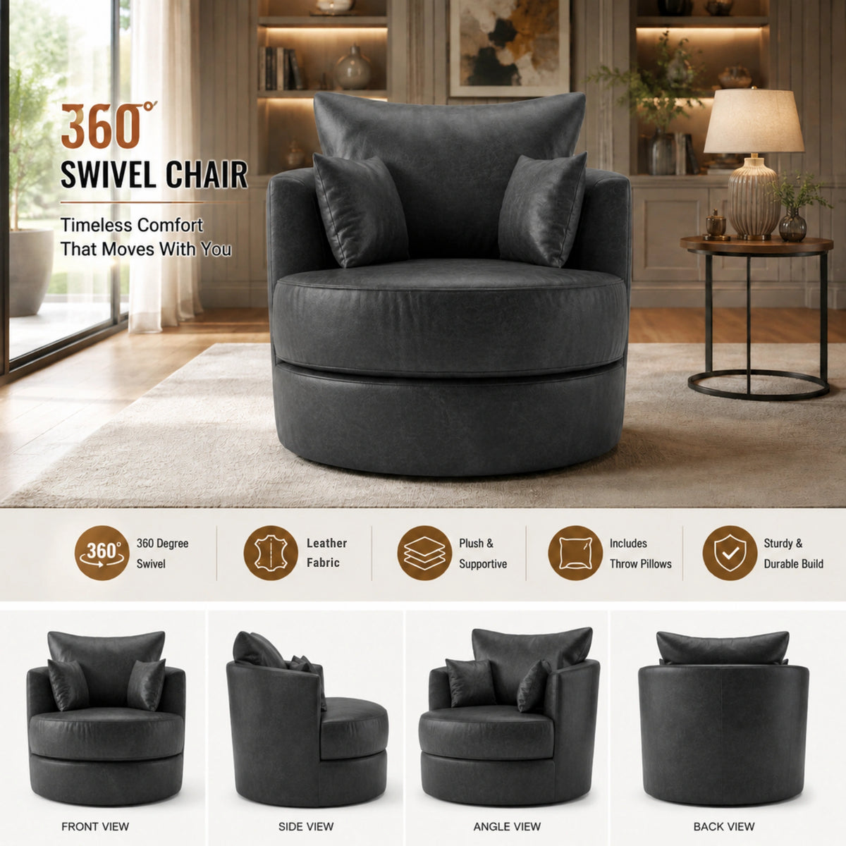 Black Dillon leather swivel chair by Gamzo Outlet, featuring a sleek design and comfortable leather upholstery for modern living spaces.