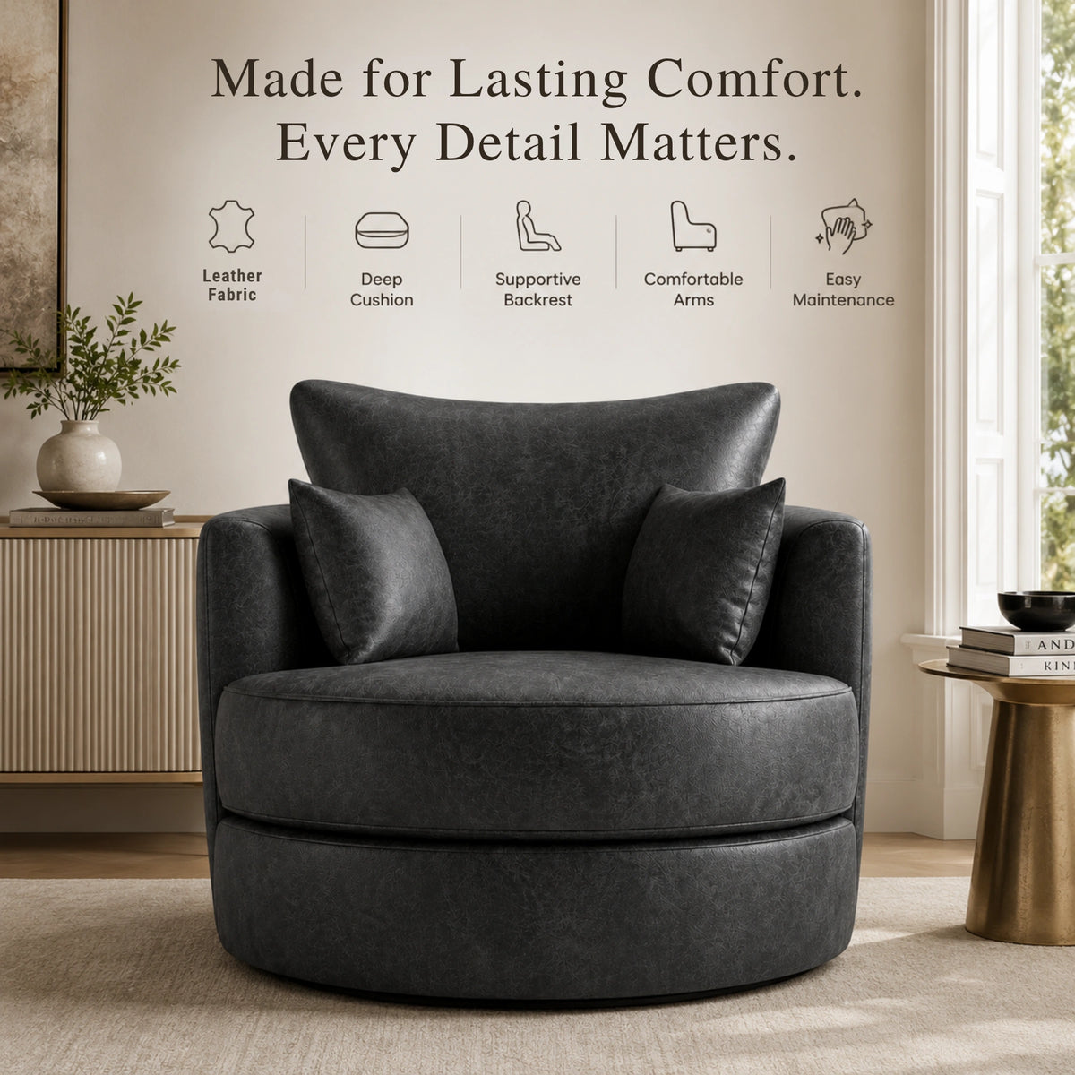 Black Dillon leather swivel sofa chair by Gamzo Outlet with a modern design, featuring a cushioned seat and backrest on a swivel base.