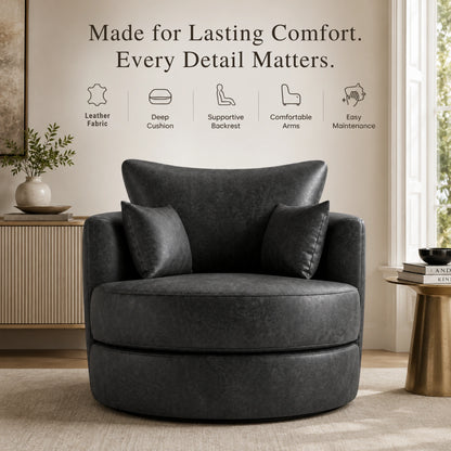 Black Dillon leather swivel sofa chair by Gamzo Outlet with a modern design, featuring a cushioned seat and backrest on a swivel base.