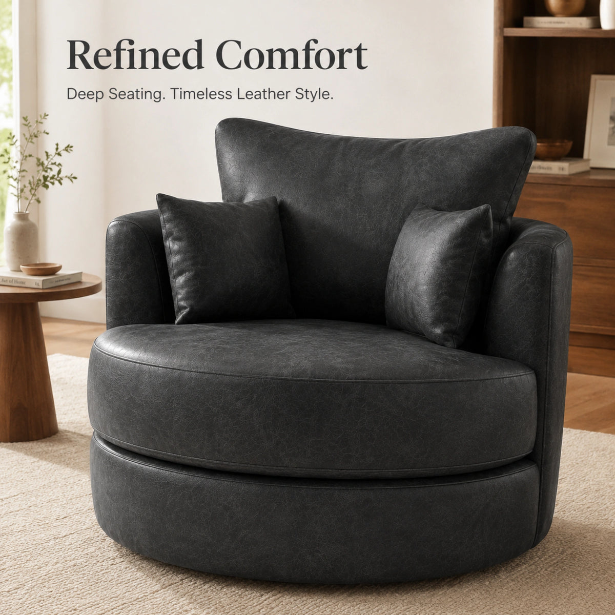 Black Dillon leather swivel chair from Gamzo Outlet, showcasing a modern sofa with a comfortable, stylish design.