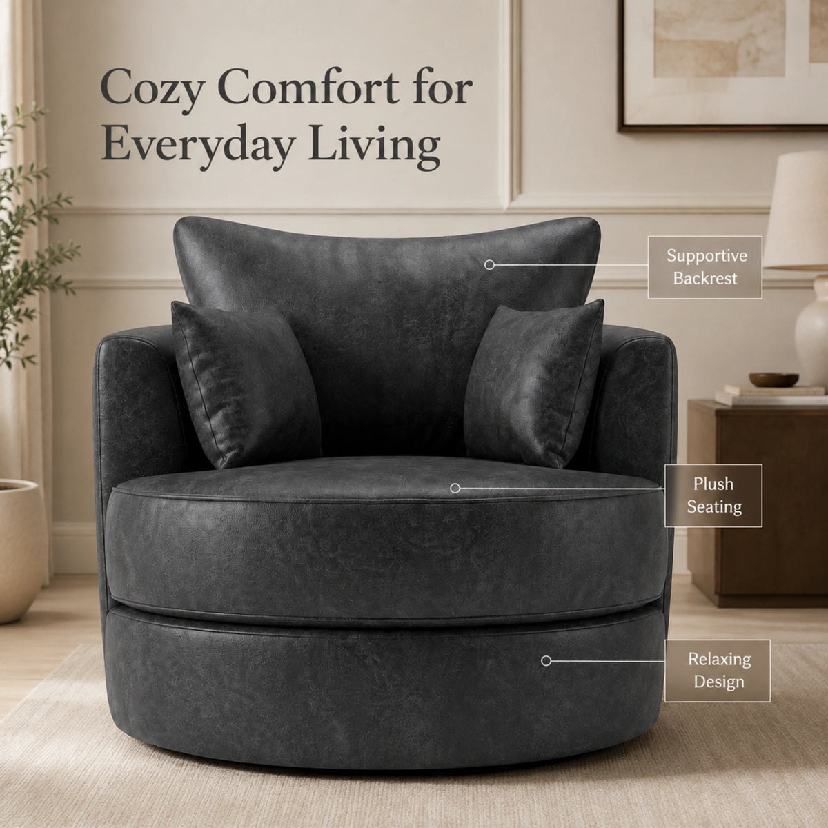 Black Dillon leather swivel chair by Gamzo Outlet featuring a modern sofa design with a comfortable, rotating seat