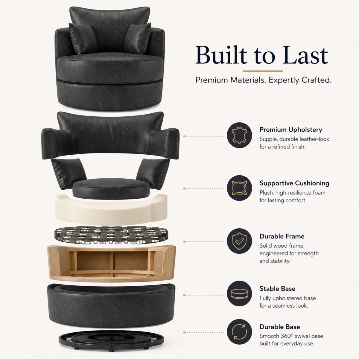 Black Dillon leather swivel chair by Gamzo Outlet, showcasing a modern sofa design with a cushioned seat and swivel base.