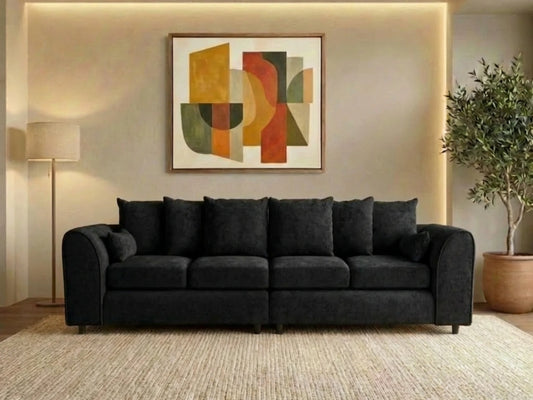 Black Alaska Fabric 4 Seater Scatter Back Corner Sofa by Gamzo Outlet with plush cushions and modern design.