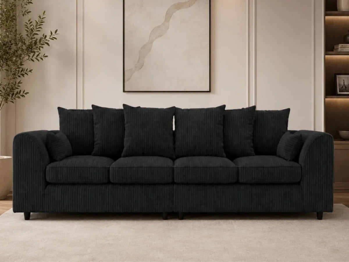 Black Gamzo Outlet jumbo cord fabric 4-seater scatter back corner sofa with plush cushions and modern design.