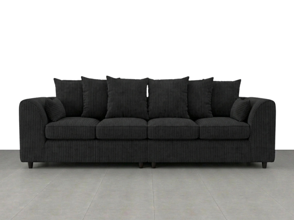 Black jumbo cord fabric 4-seater corner sofa with scatter back cushions by Gamzo Outlet, showcasing a spacious and modern design.