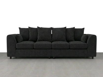 Black jumbo cord fabric 4-seater corner sofa with scatter back cushions by Gamzo Outlet, showcasing a spacious and modern design.