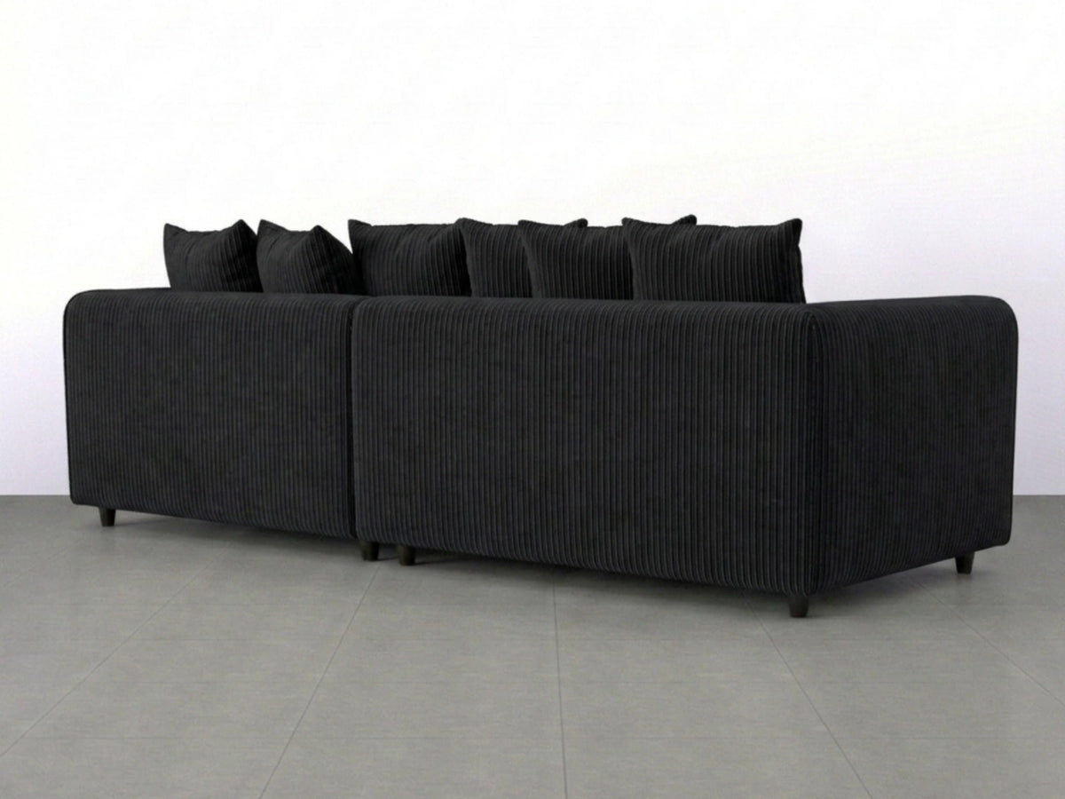 Black Jumbo Cord Fabric 4 Seater Corner Sofa with scatter back design from Gamzo Outlet.