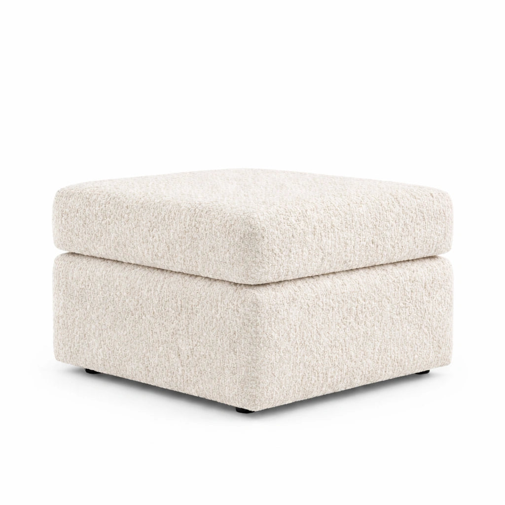 Gamzo Outlet boucle fabric footstool with a soft, textured surface and sturdy wooden legs for stylish comfort.