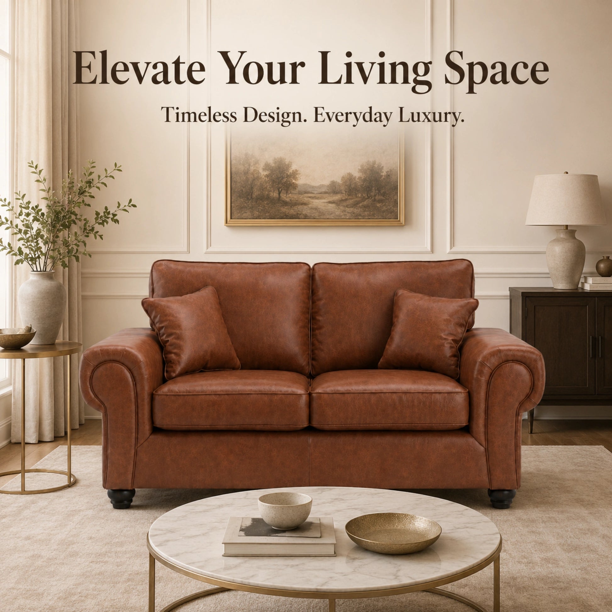 Brown Gamzo Outlet Wilcot full back leather sofa in a 2-seater design with plush cushions and stylish armrests.