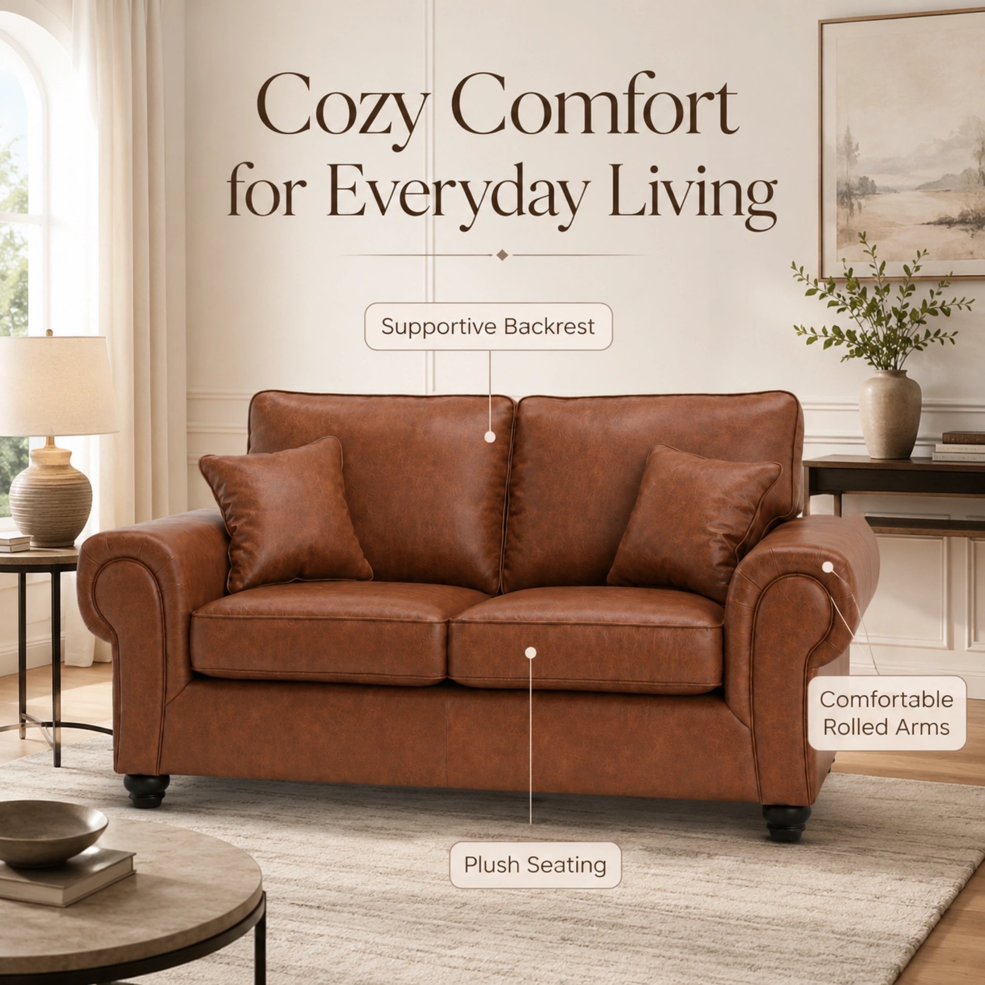 Brown two-seater leather sofa from Gamzo Outlet's Wilcot collection, showcasing a full back design and plush seating.