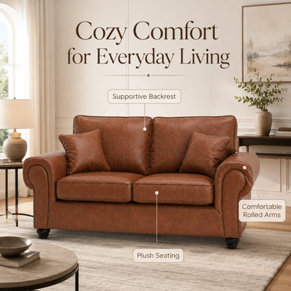 Brown two-seater leather sofa from Gamzo Outlet's Wilcot collection, showcasing a full back design and plush seating.