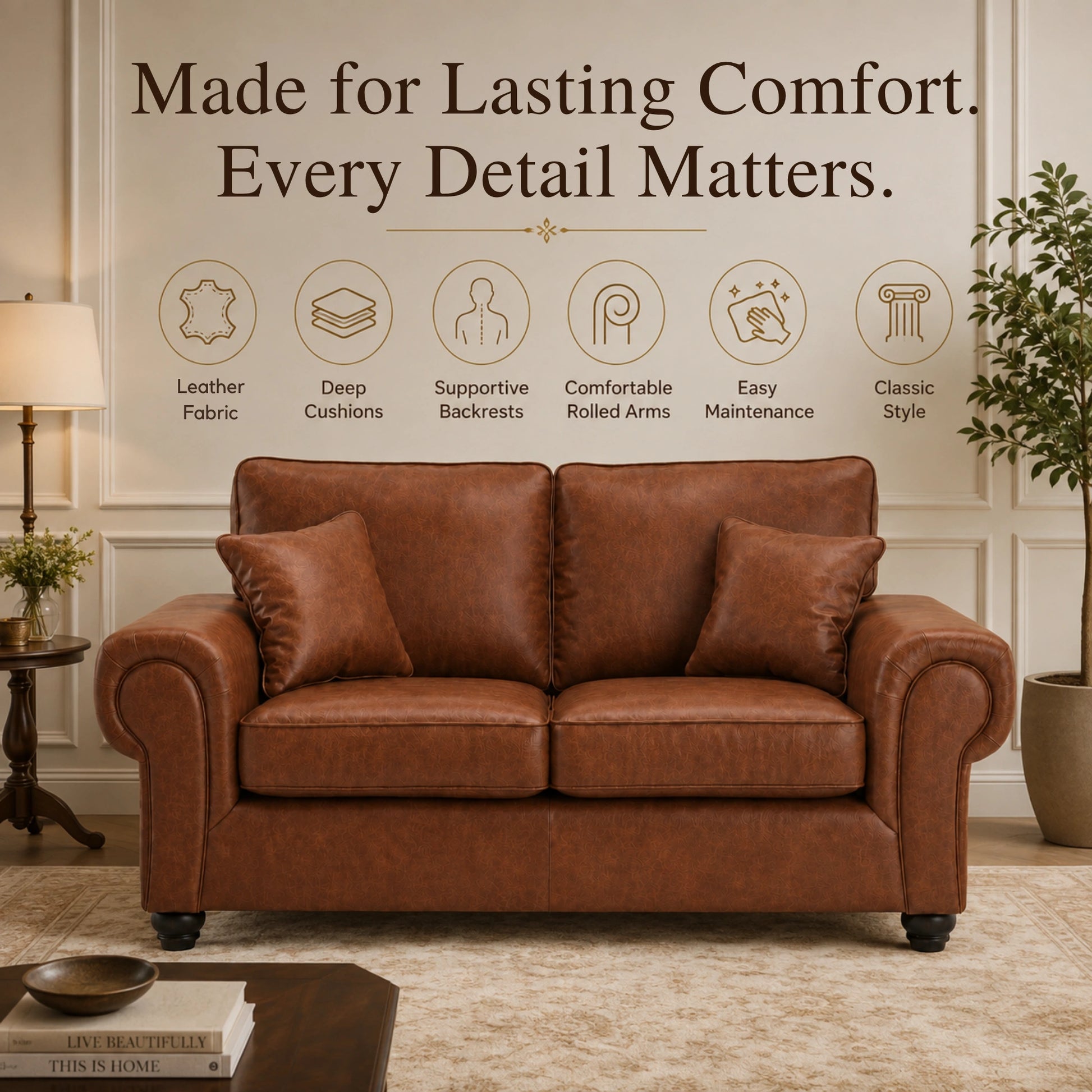 Brown Wilcot full back leather sofa by Gamzo Outlet, 2-seater with plush cushions and sleek design, perfect for modern living rooms.