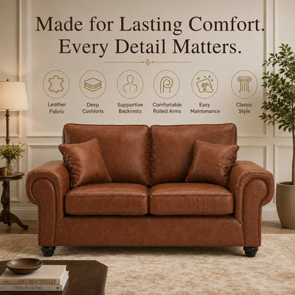 Brown Wilcot full back leather sofa by Gamzo Outlet, 2-seater with plush cushions and sleek design, perfect for modern living rooms.