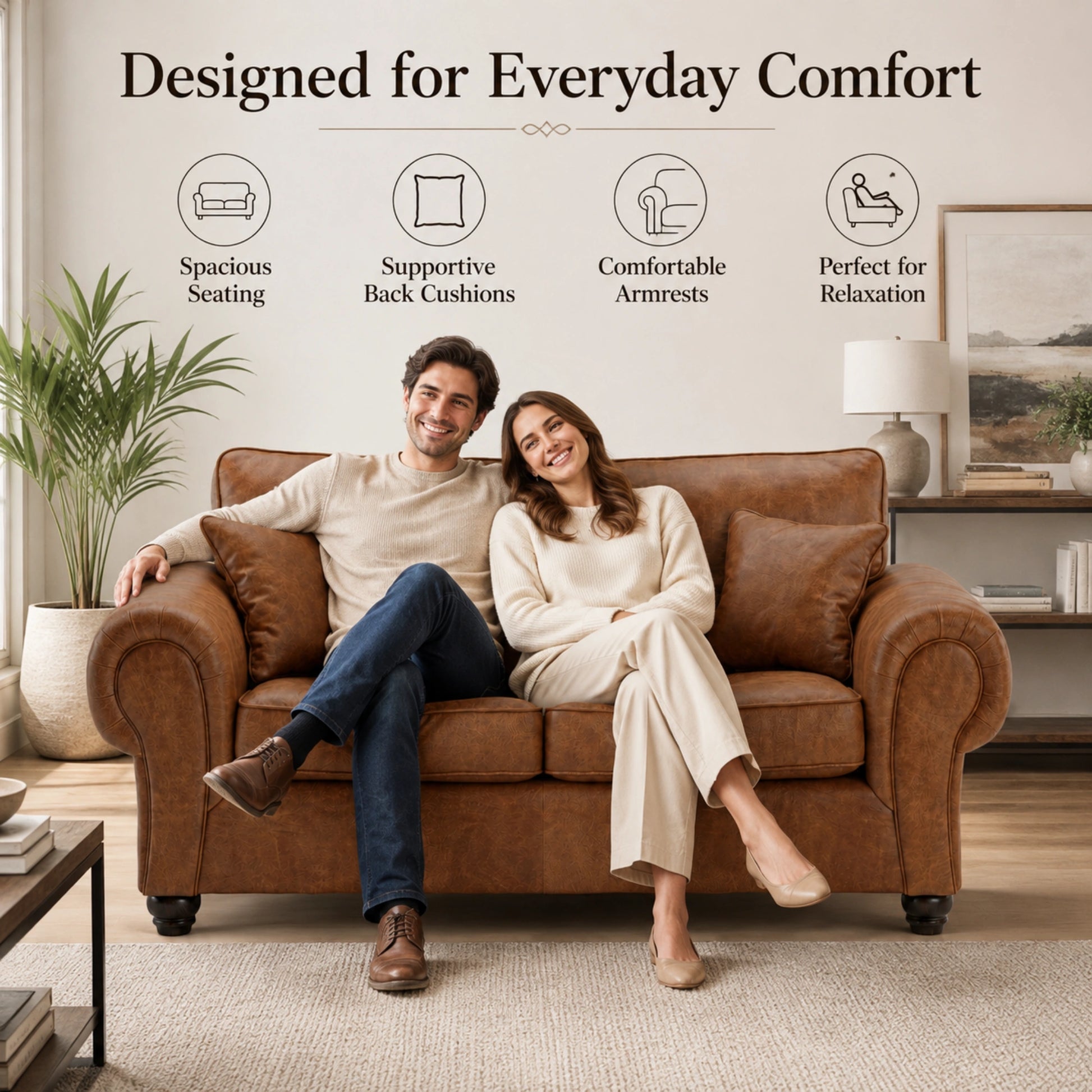 Brown Gamzo Outlet Wilcot full back leather sofa, 2-seater with plush cushioning and wooden legs, in a modern living room setting.
