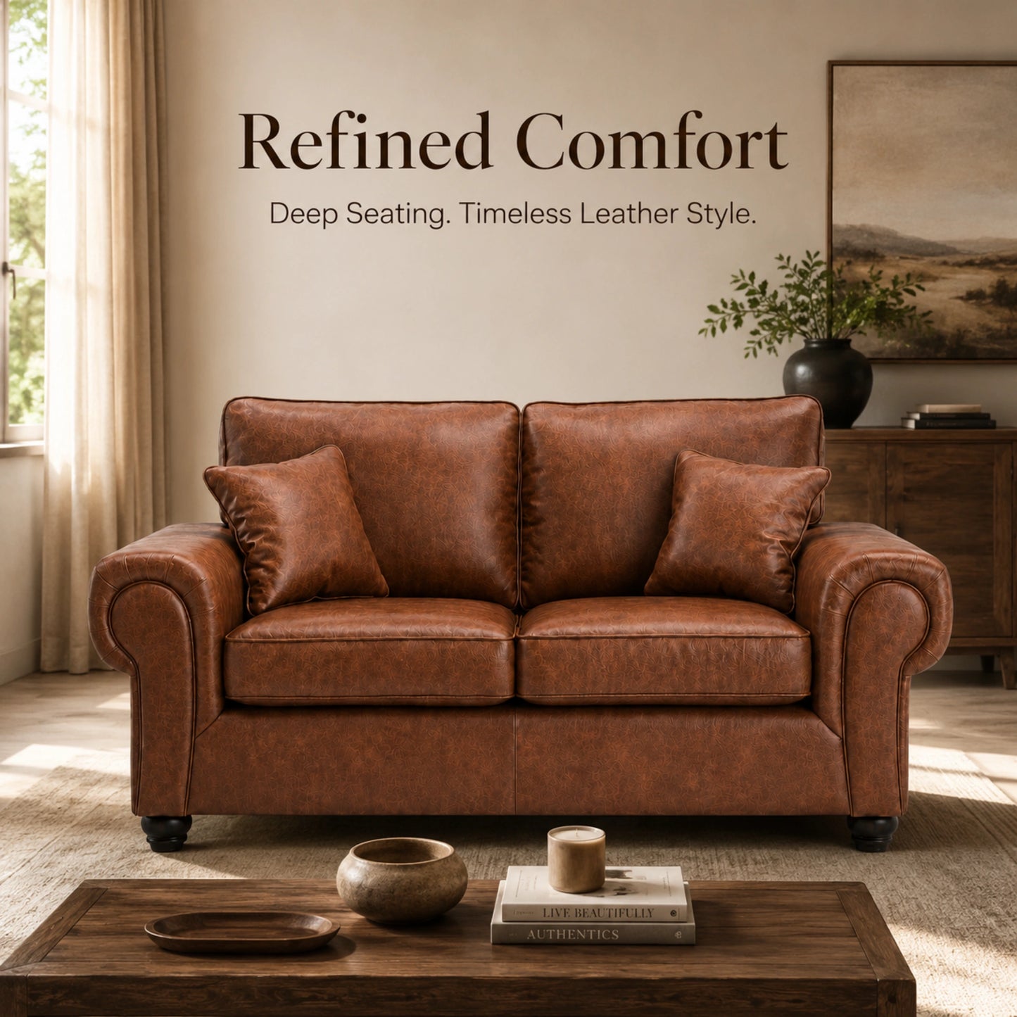 Brown full back leather sofa by Gamzo Outlet, 2-seater design with plush cushions and sleek wooden legs.