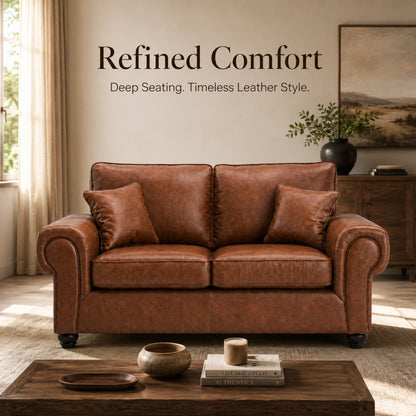 Brown full back leather sofa by Gamzo Outlet, 2-seater design with plush cushions and sleek wooden legs.