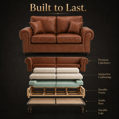 Brown Gamzo Outlet Wilcot full back leather sofa with plush cushions and sleek design in a cozy living room setting.