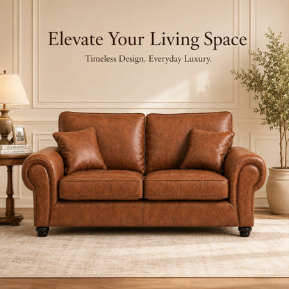 Brown Gamzo Outlet Wilcot full back leather sofa, 3-seater with plush cushions and sturdy wooden legs, made for comfortable seating.