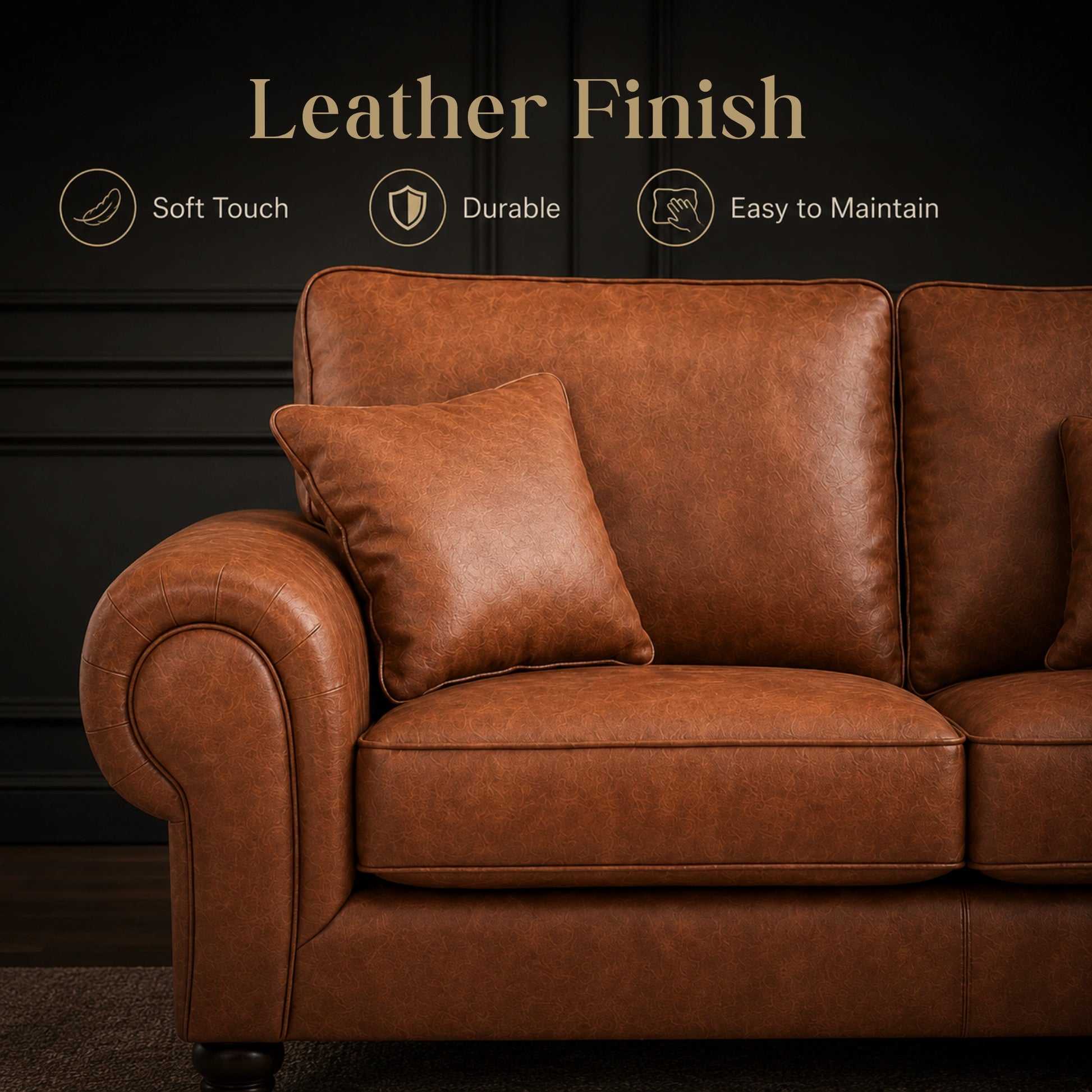 Brown Wilcot full back leather sofa with three seats, featuring plush cushions and a sleek design, by Gamzo Outlet.