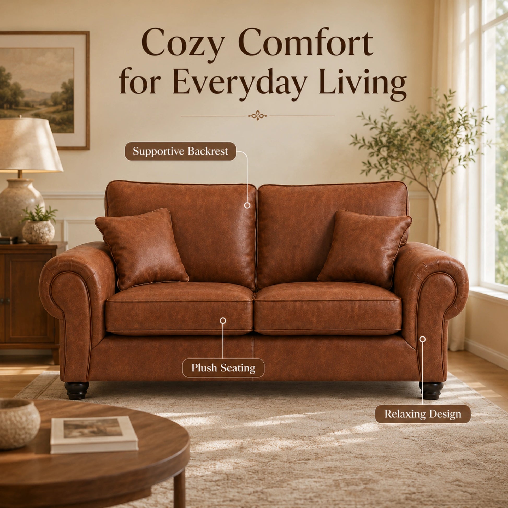 Brown Gamzo Outlet Wilcot full back leather sofa with three seats, showcasing plush cushioning and stylish design.