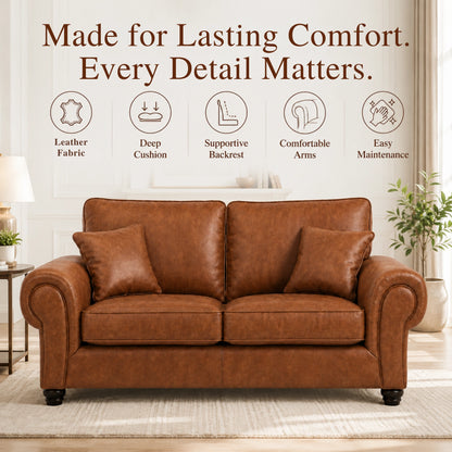 Brown Gamzo Outlet Wilcot full back leather sofa with three seats, showcasing plush cushioning and sleek design.