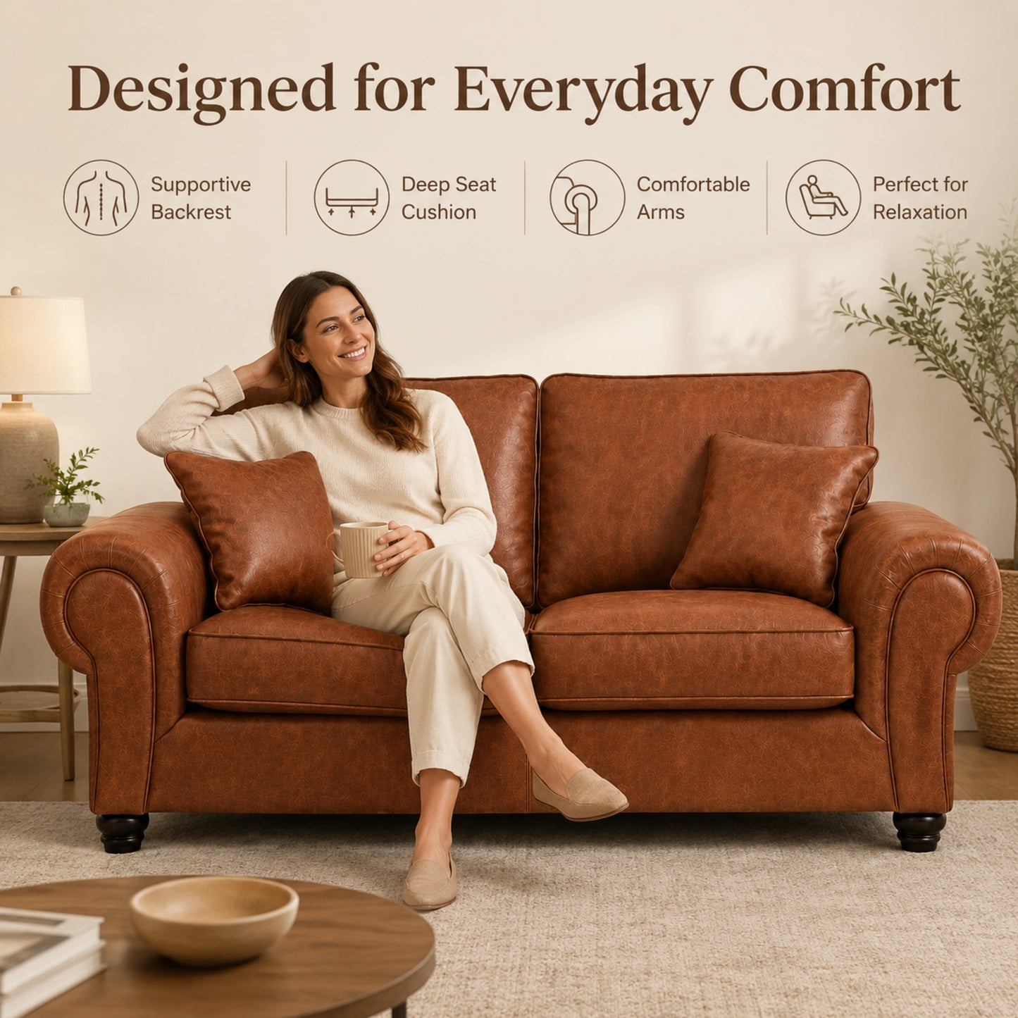 Brown Gamzo Outlet Wilcot full back leather sofa with plush cushions and wooden legs, three-seater design.