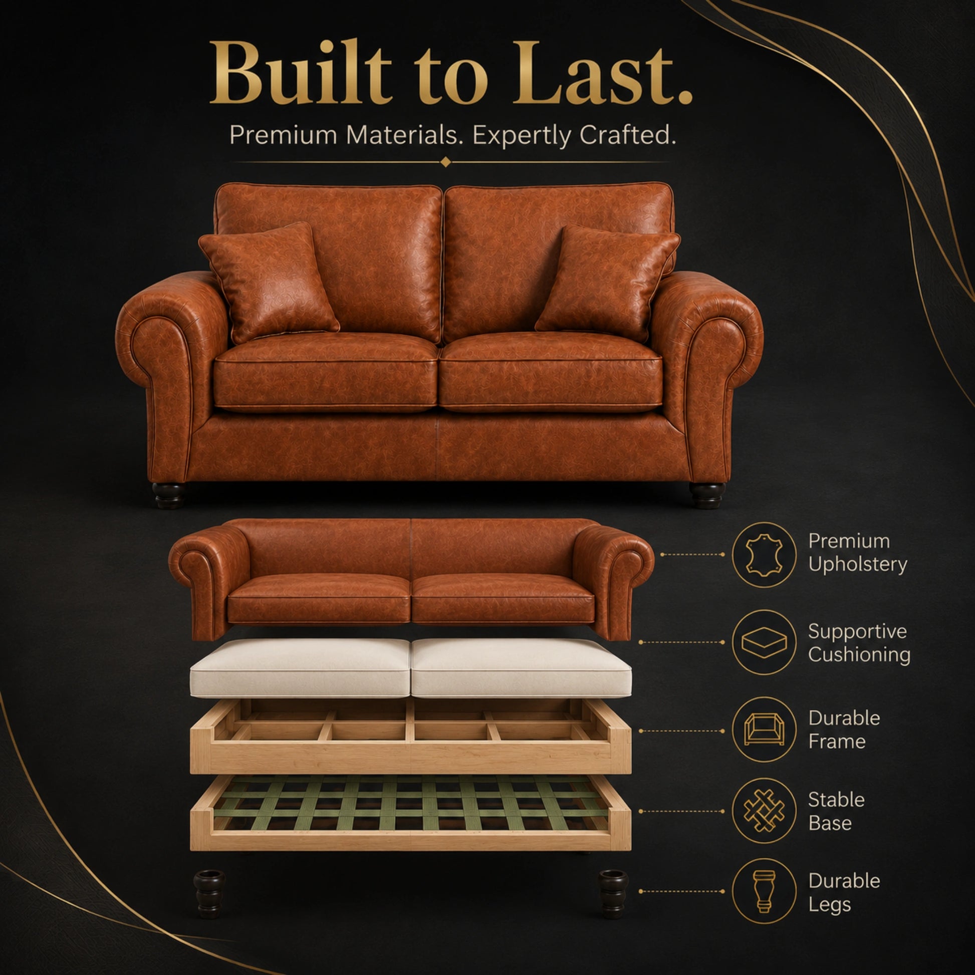 Brown full back leather sofa by Gamzo Outlet, 3-seater with plush cushions and elegant design, perfect for modern living rooms.